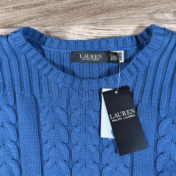 Lauren Ralph Lauren Sweater XXL Blue Cable-Knit Cotton Crewneck Puff Sleeve NWT - Picture 5 of 12